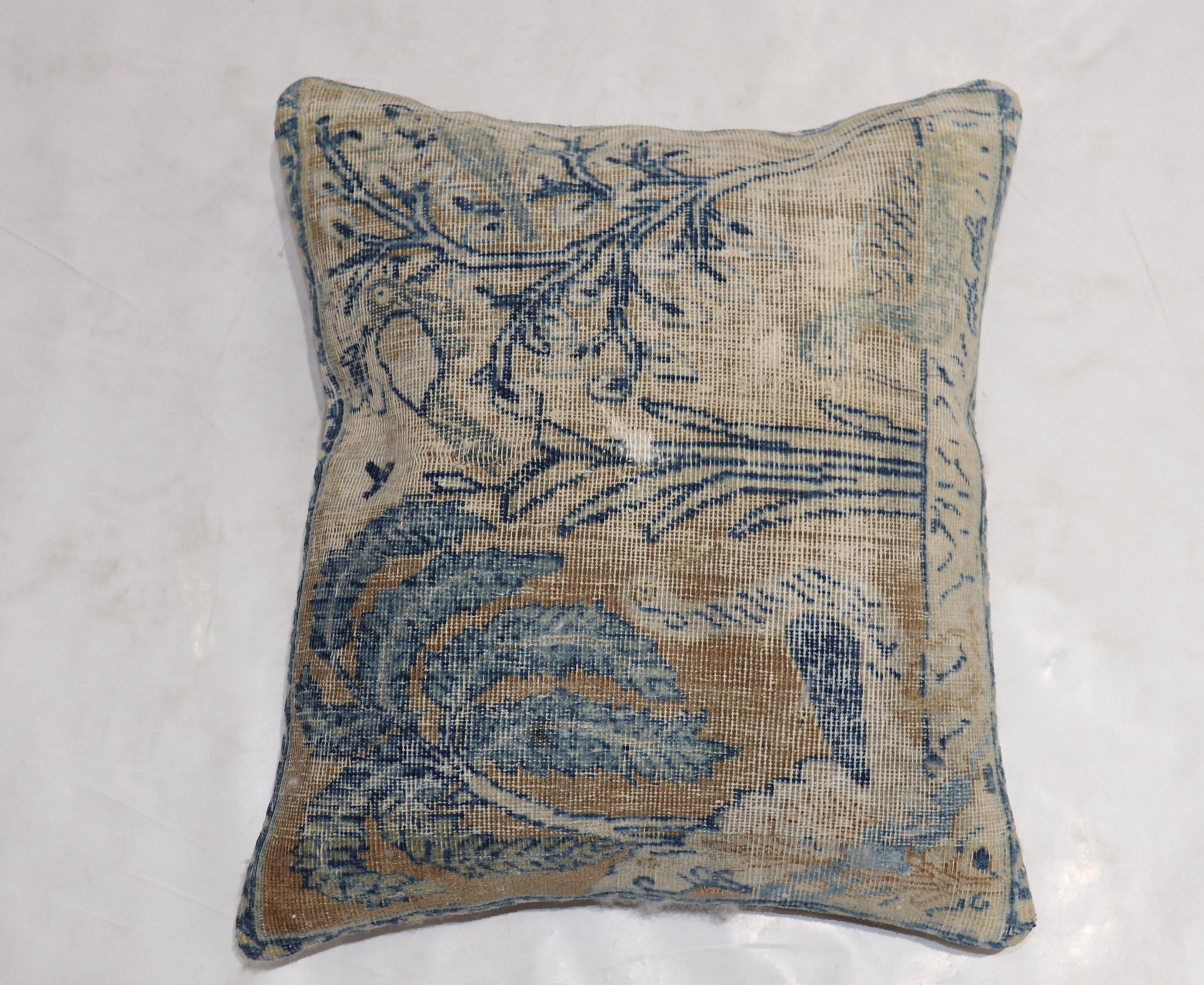 Pair of Light Brown Blue Persian Distressed Pictorial Rug Pillows In Fair Condition In New York, NY