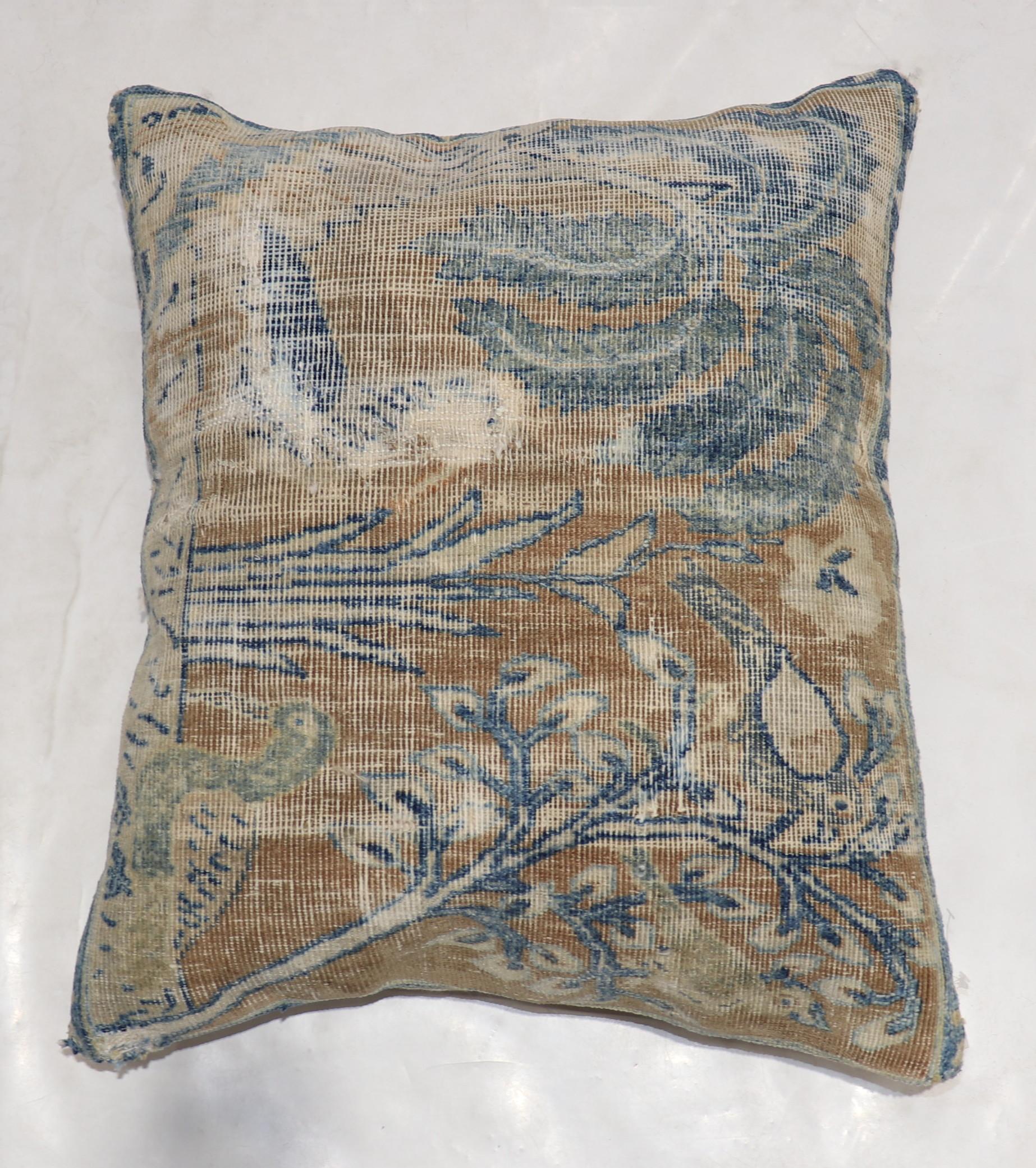 19th Century Pair of Light Brown Blue Persian Distressed Pictorial Rug Pillows