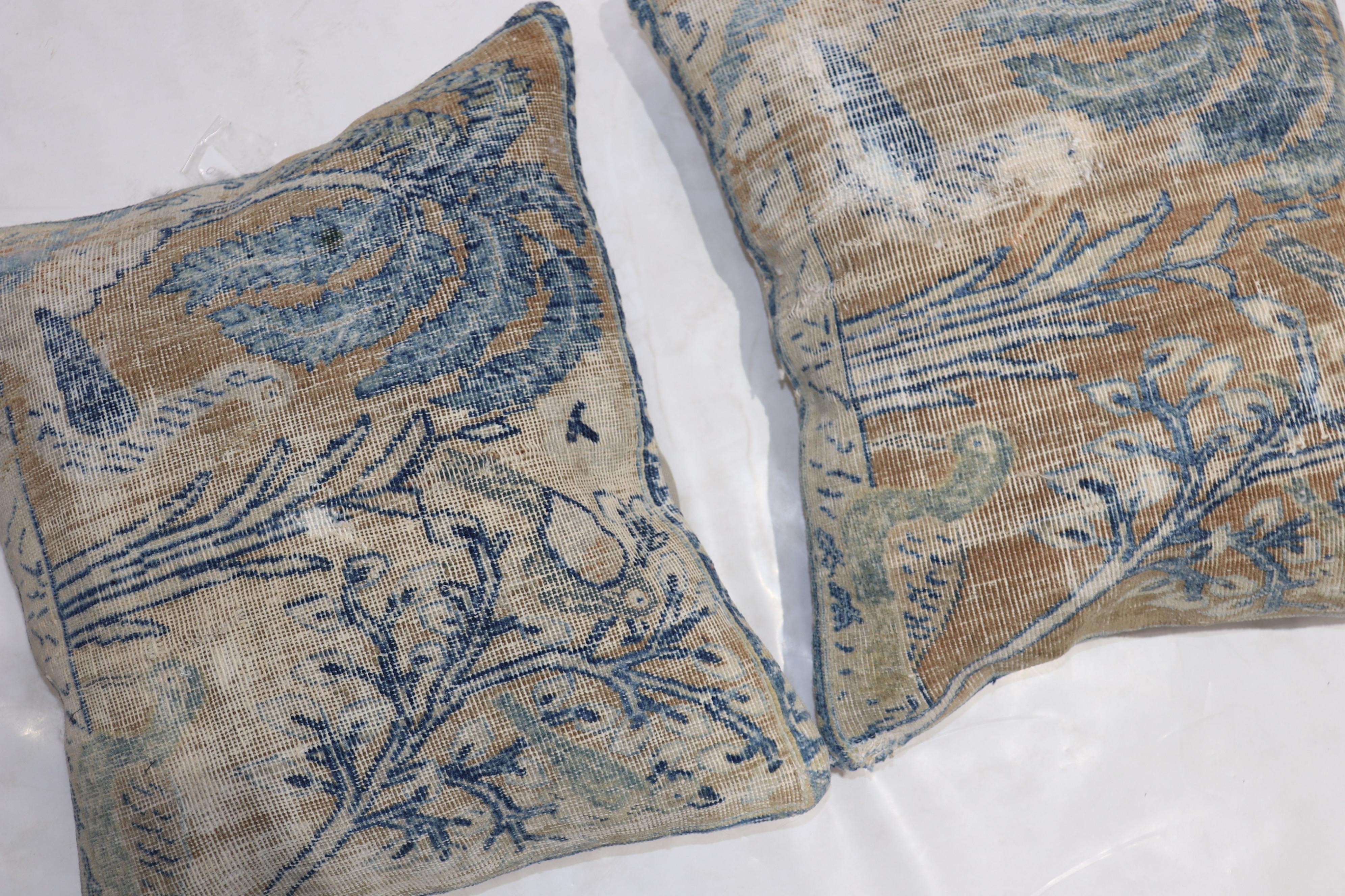 Pair of Light Brown Blue Persian Distressed Pictorial Rug Pillows 1