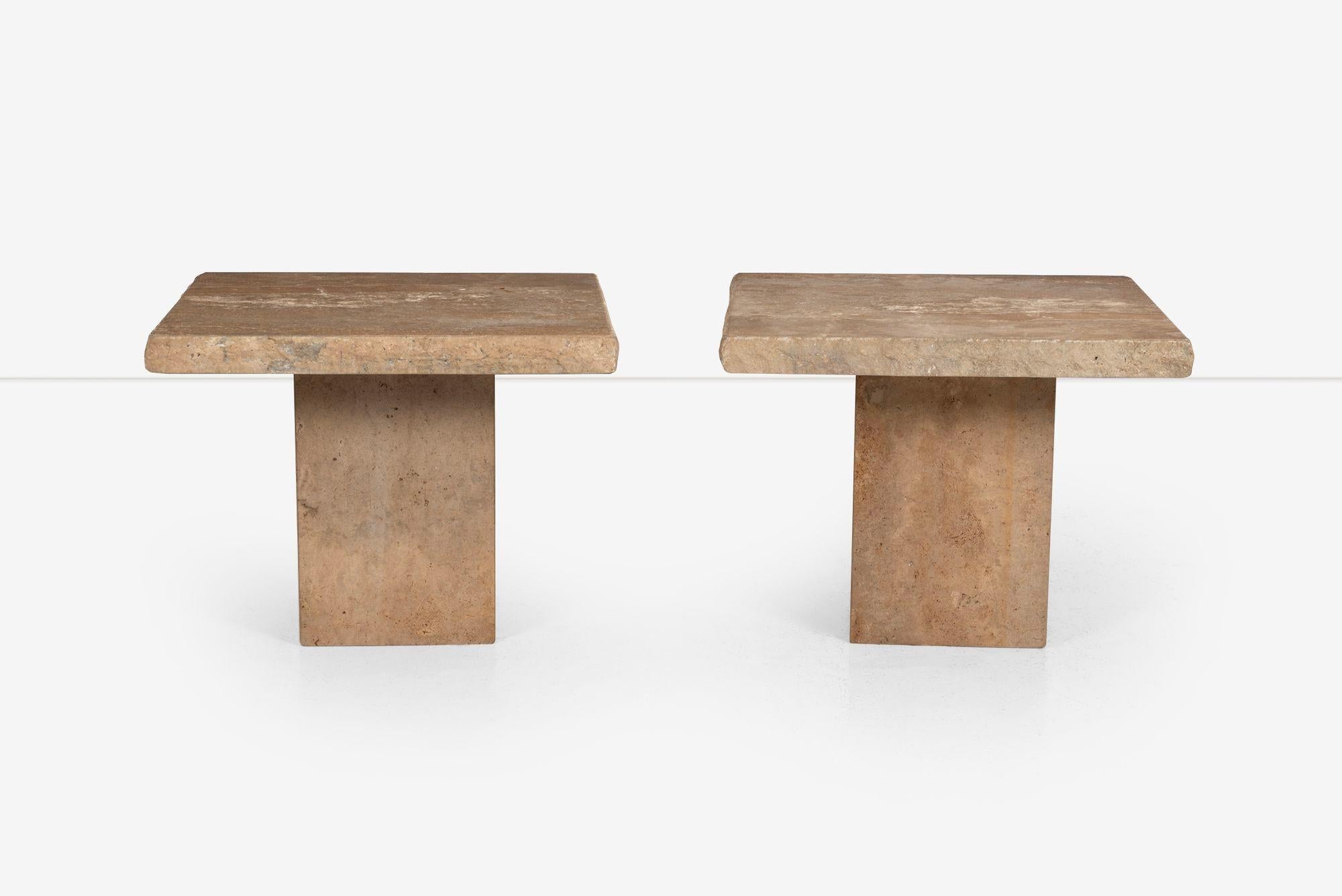 Mid-Century Modern Pair of Light Brown Italian Travertine Side Tables For Sale
