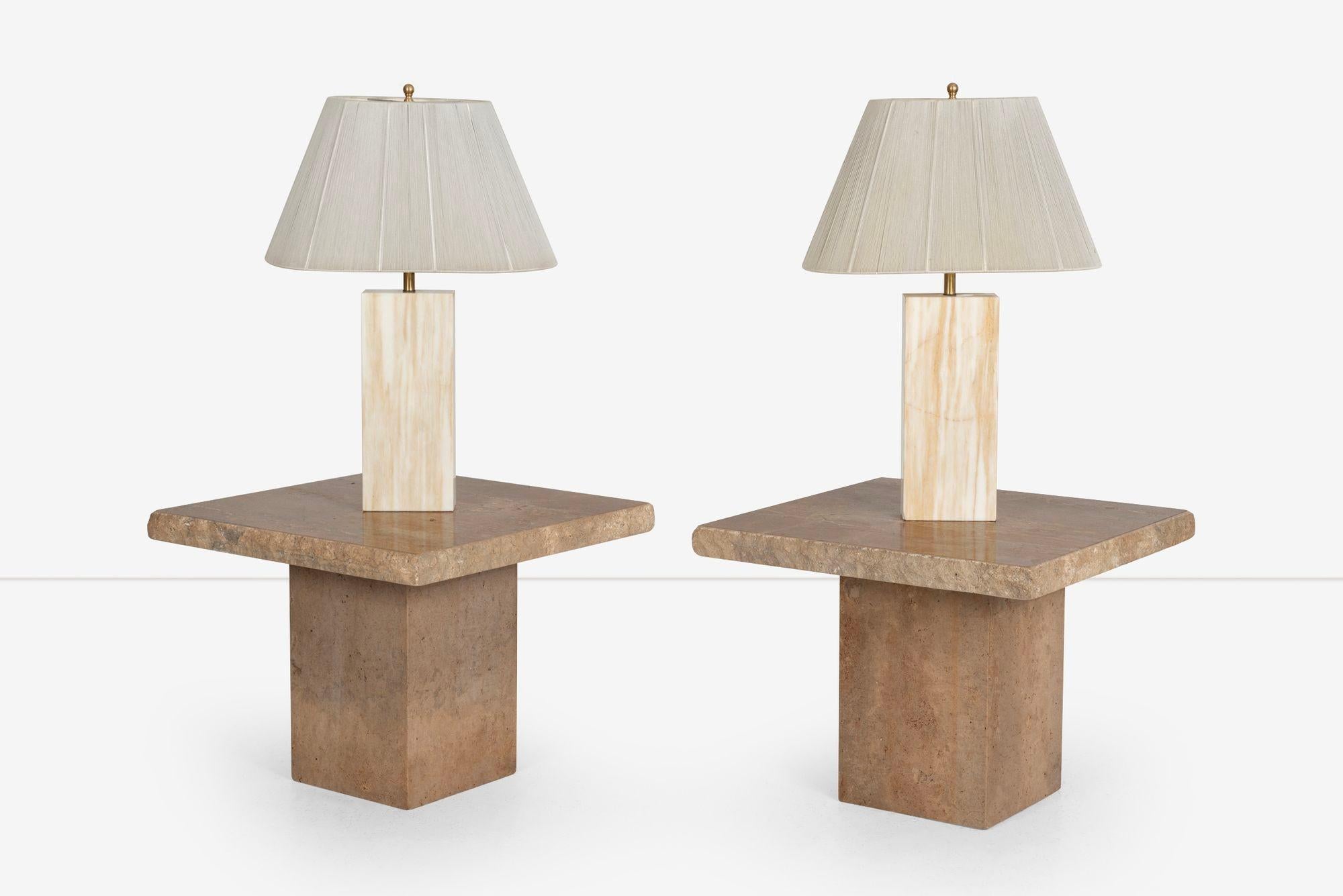 Mid-20th Century Pair of Light Brown Italian Travertine Side Tables For Sale