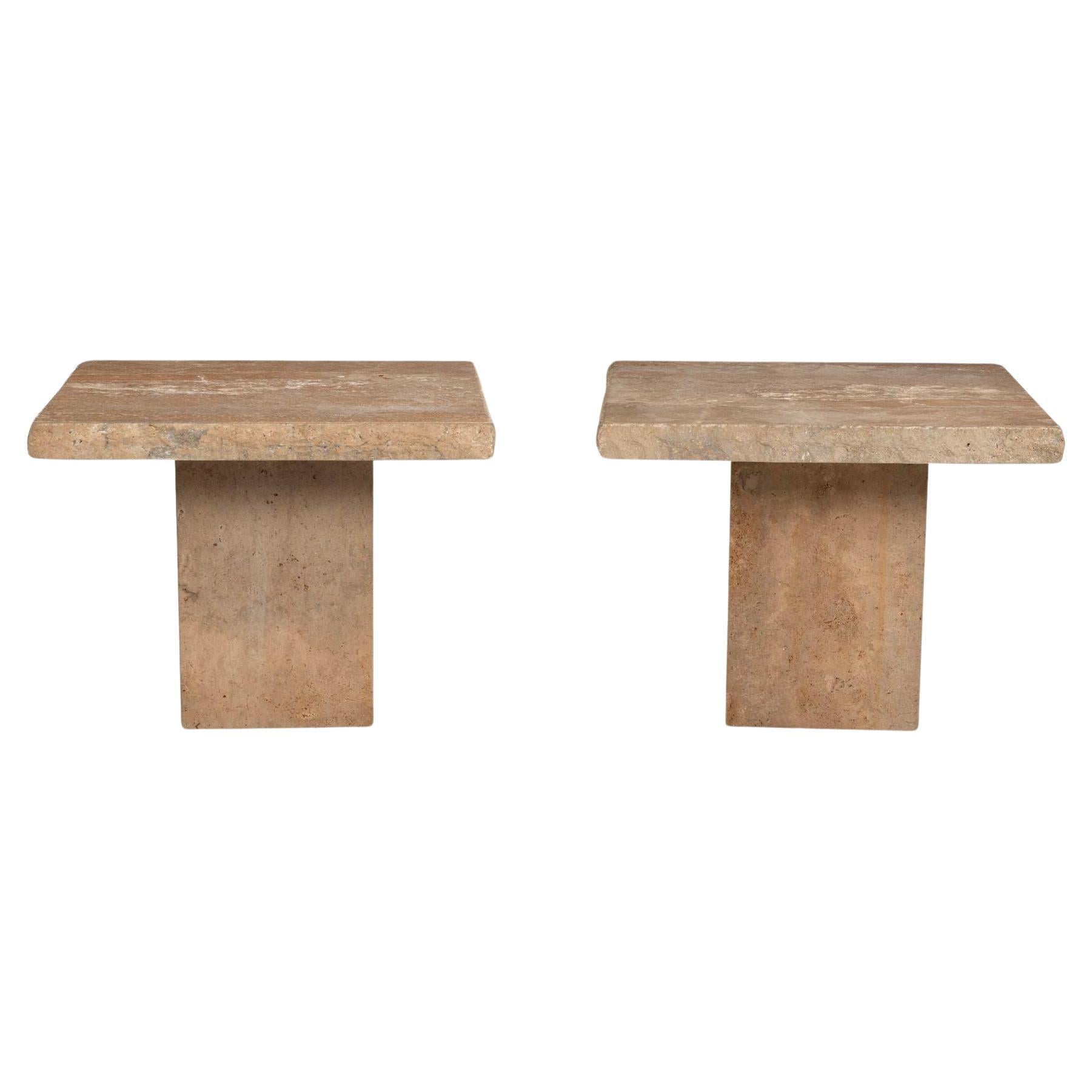 Pair of Light Brown Italian Travertine Side Tables For Sale