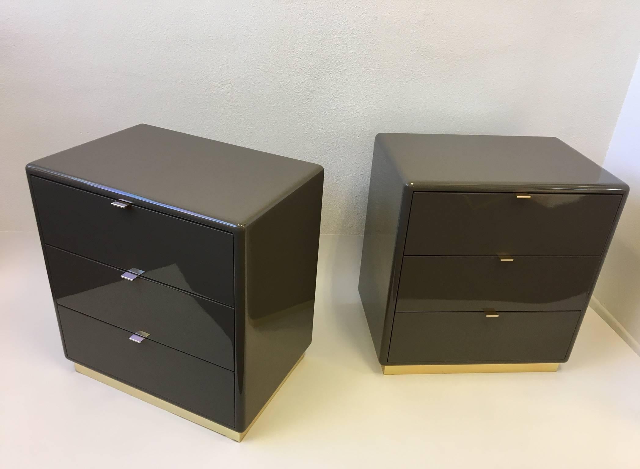 Modern Pair of Light Brown Lacquer and Brass Nightstands by Steve Chase