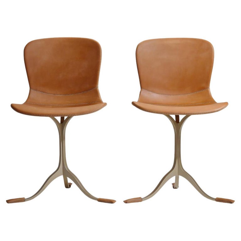 Pair of Light Brown Leather Chair with Sand Cast Brass Base, by P