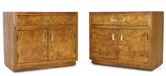 Pair of Light Burl Wood Campaign Nightstands Bed Tables Brass Hardware