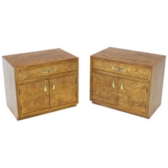 Pair of Light Burl Wood Campaign Nightstands Bed Tables Brass Hardware