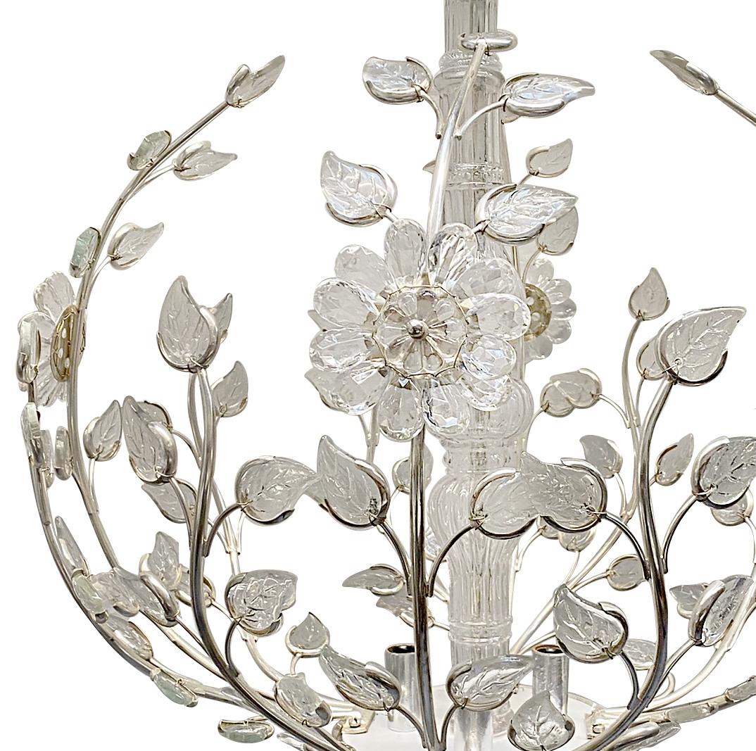 A set of 5 circa 1940’s French silver-plated light fixtures with molded glass leaves and flowers and four interior lights. Sold individually.

Measurements:
Diameter: 24″
Drop: 26″