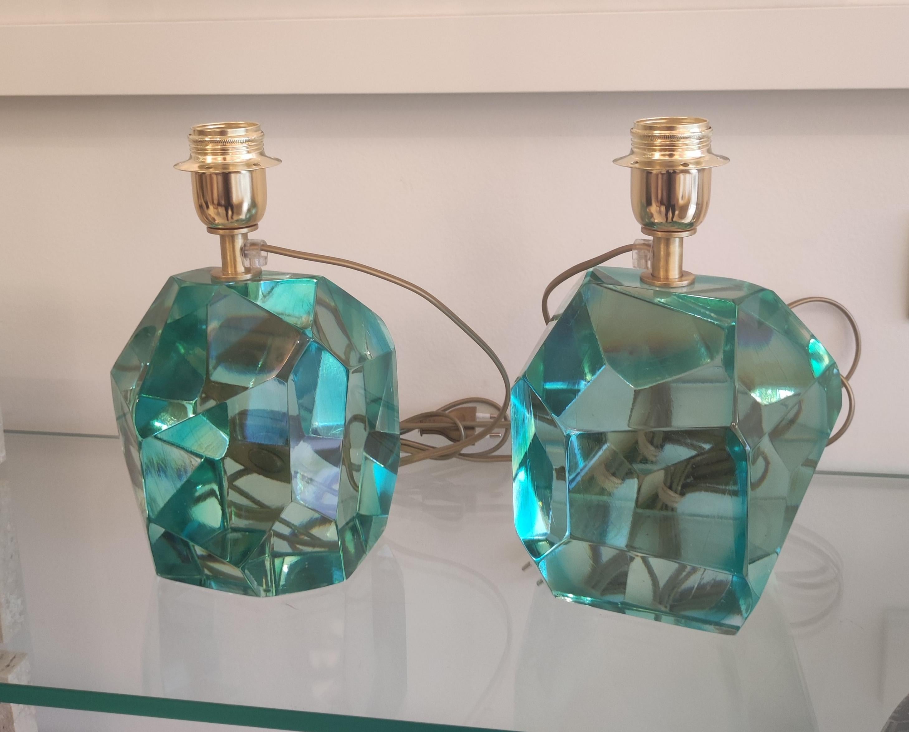 Modern Pair of Light Green Crystal Faceted Table Lamps For Sale