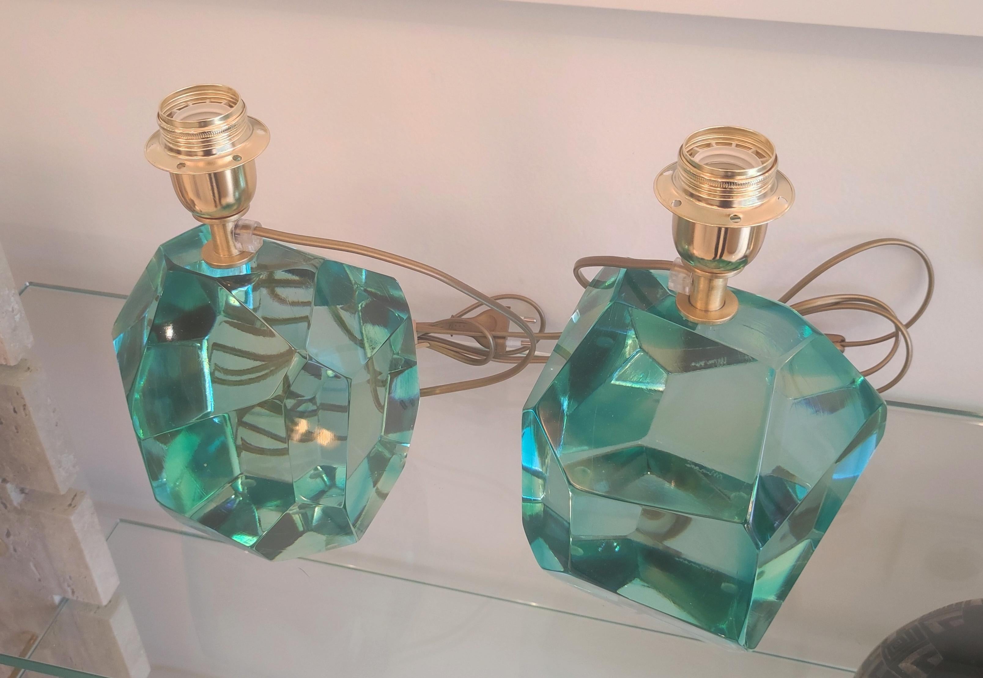 Pair of Light Green Crystal Faceted Table Lamps In Excellent Condition For Sale In Saint-Ouen, FR