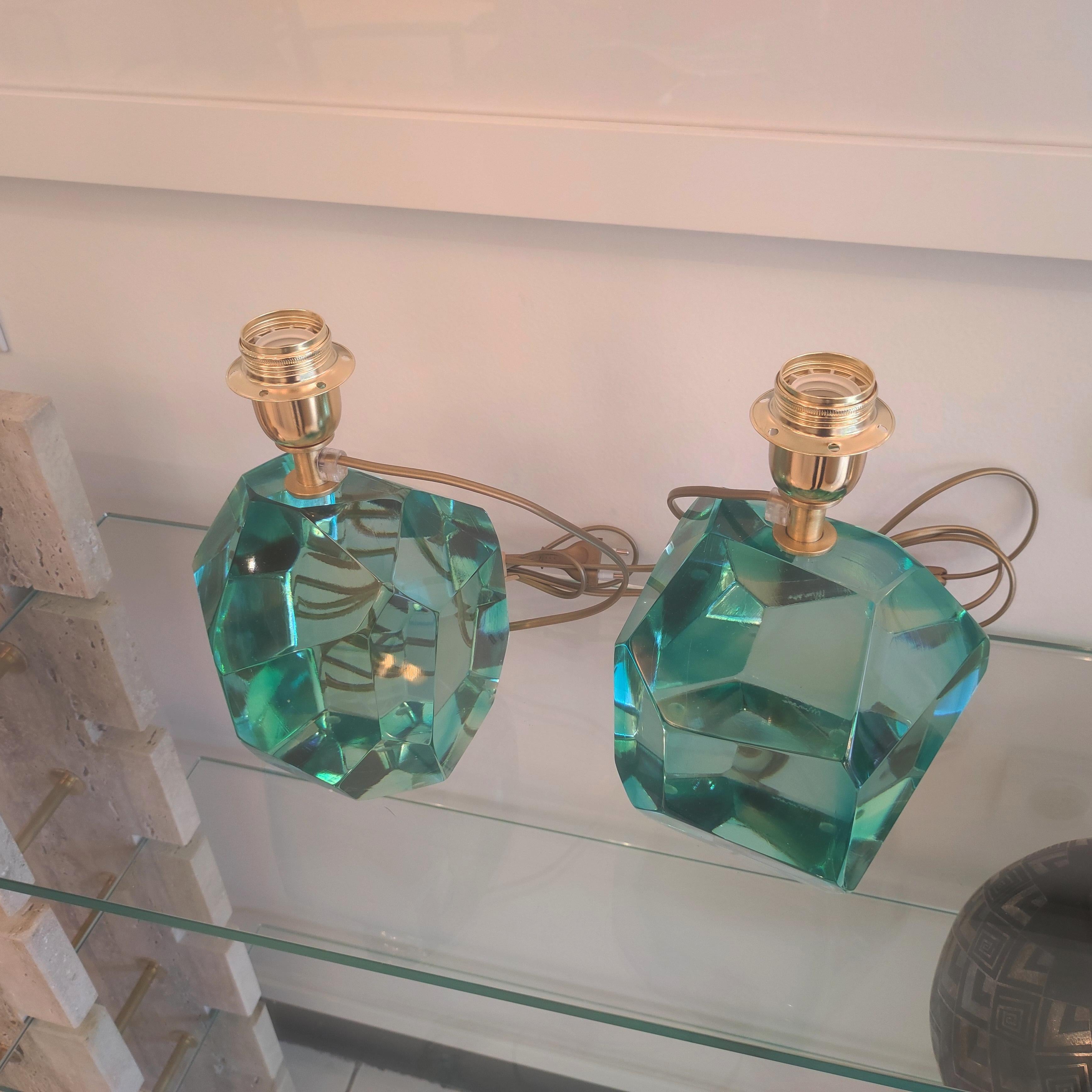Contemporary Pair of Light Green Crystal Faceted Table Lamps For Sale