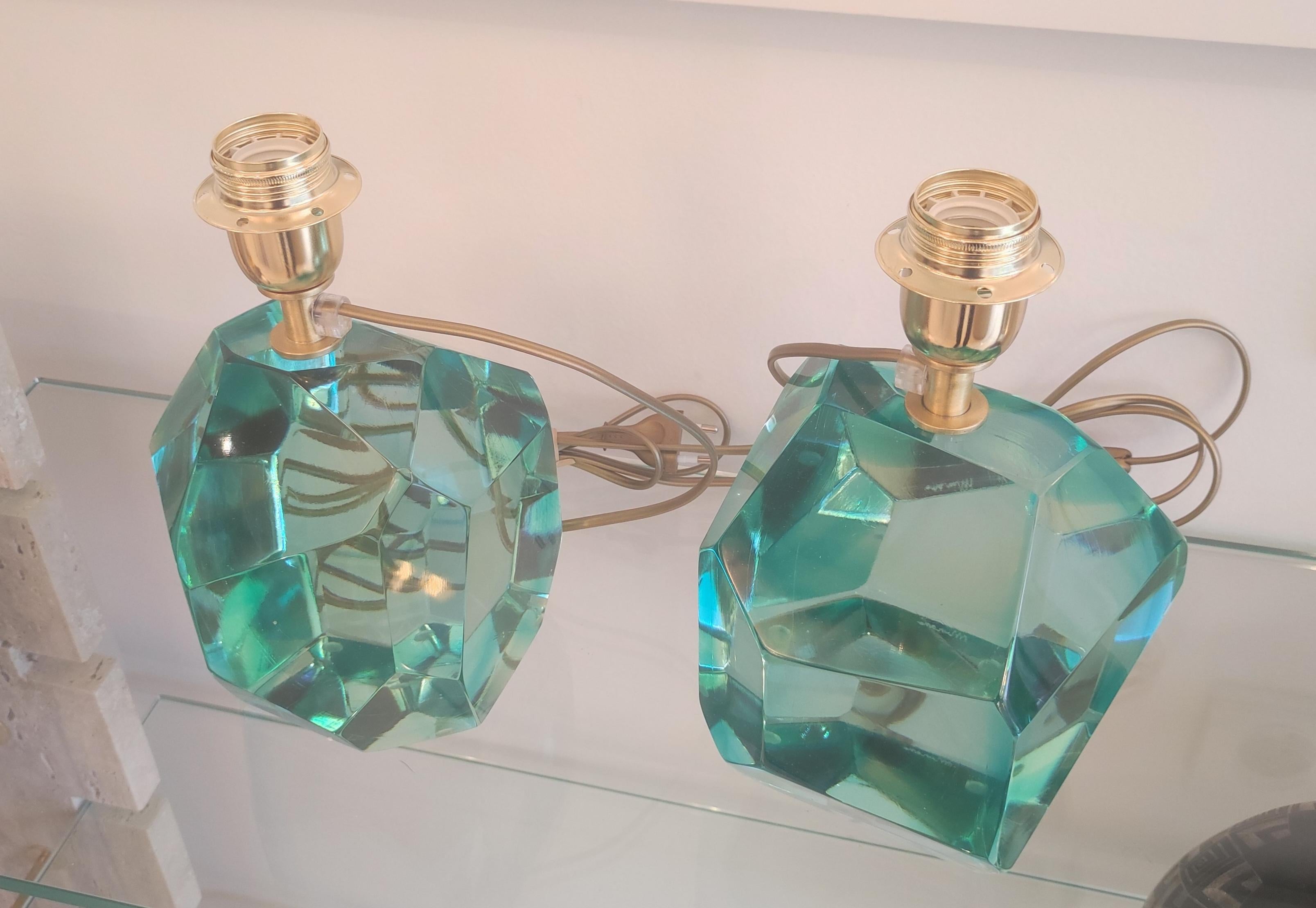 Pair of Light Green Crystal Faceted Table Lamps For Sale 1
