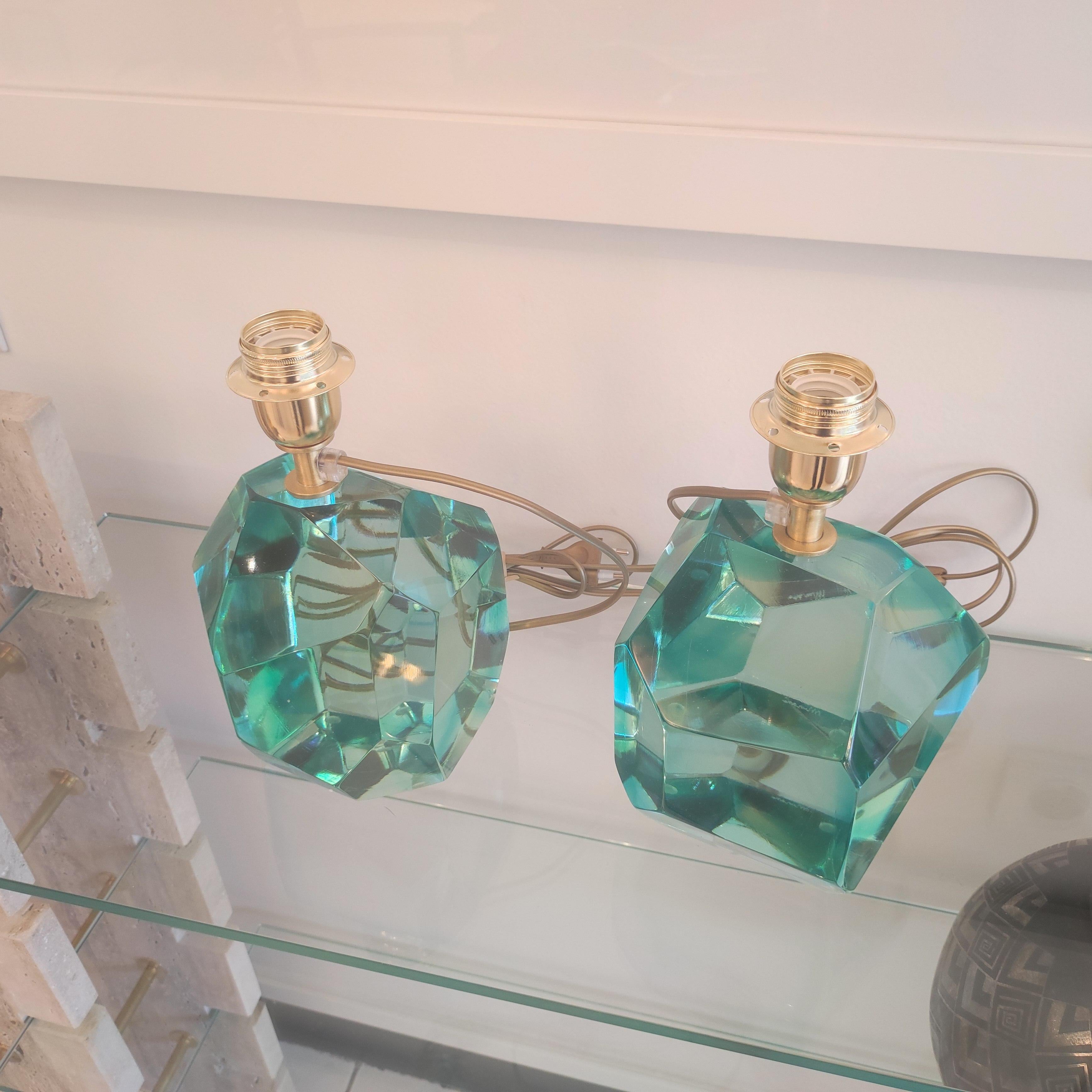 Pair of Light Green Crystal Faceted Table Lamps For Sale 2