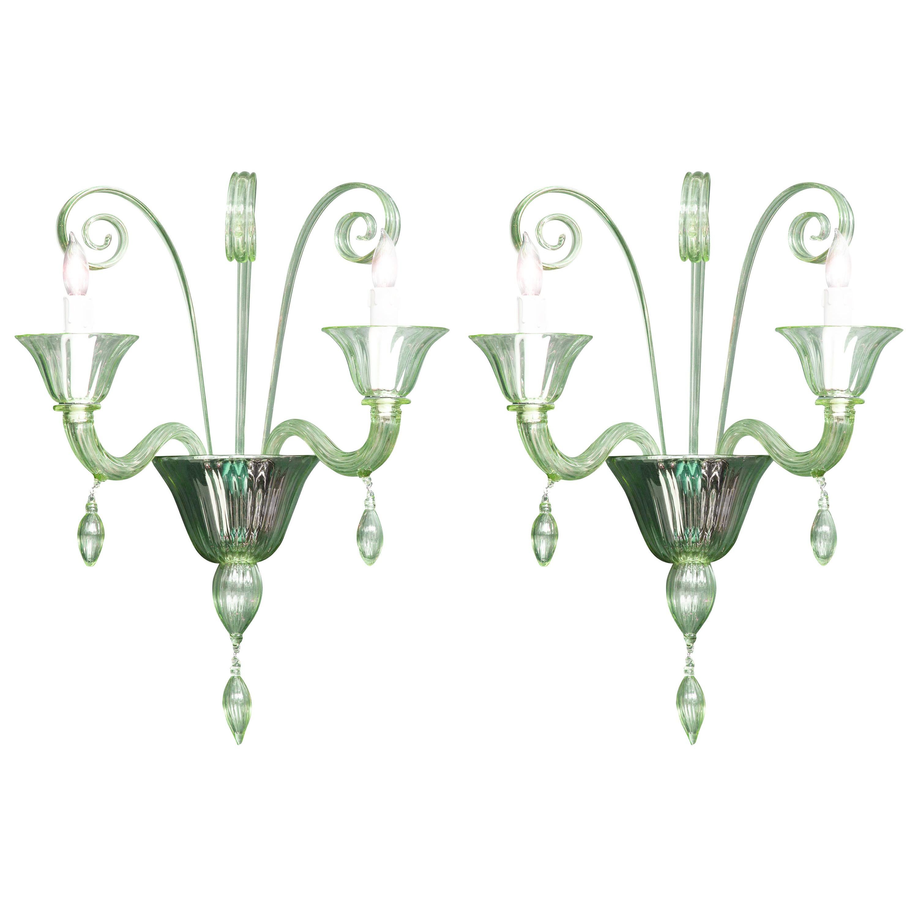 Pair of Light Green Murano Glass and Chrome Sconces, Italy