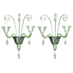 Paire d'appliques en verre de Murano vert clair et chrome, Italie