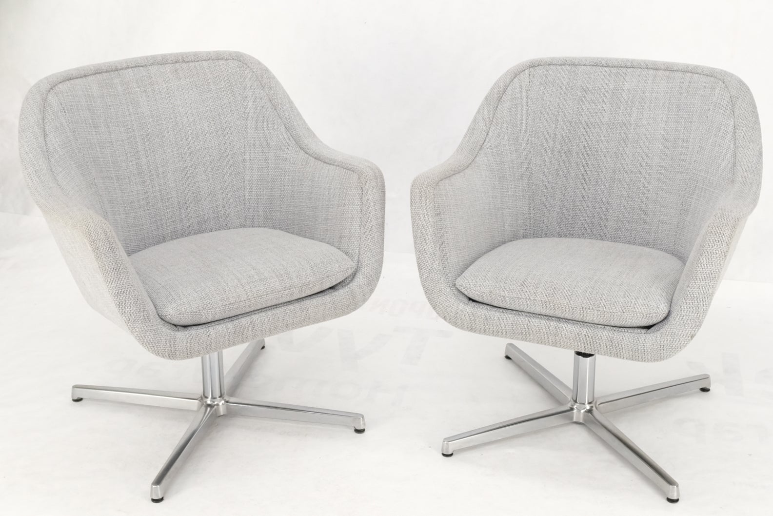 Mid-Century Modern Pair of Light Grey Basket Weave Upholstery Barrel Back Desk Office Chairs 