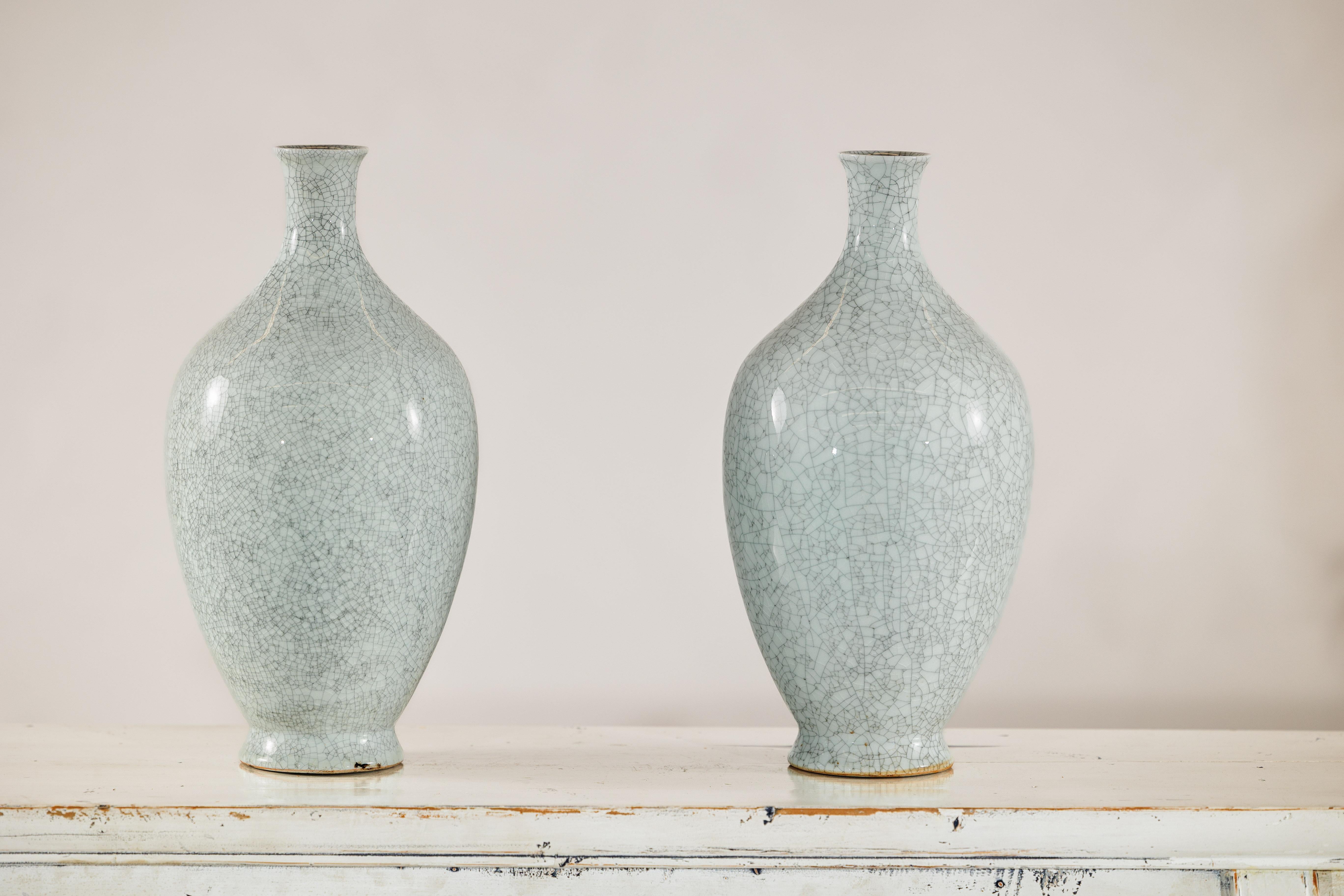 Pair of Light Grey Celadon-Glazed Porcelain Vases with Fine Crackle Pattern For Sale 11