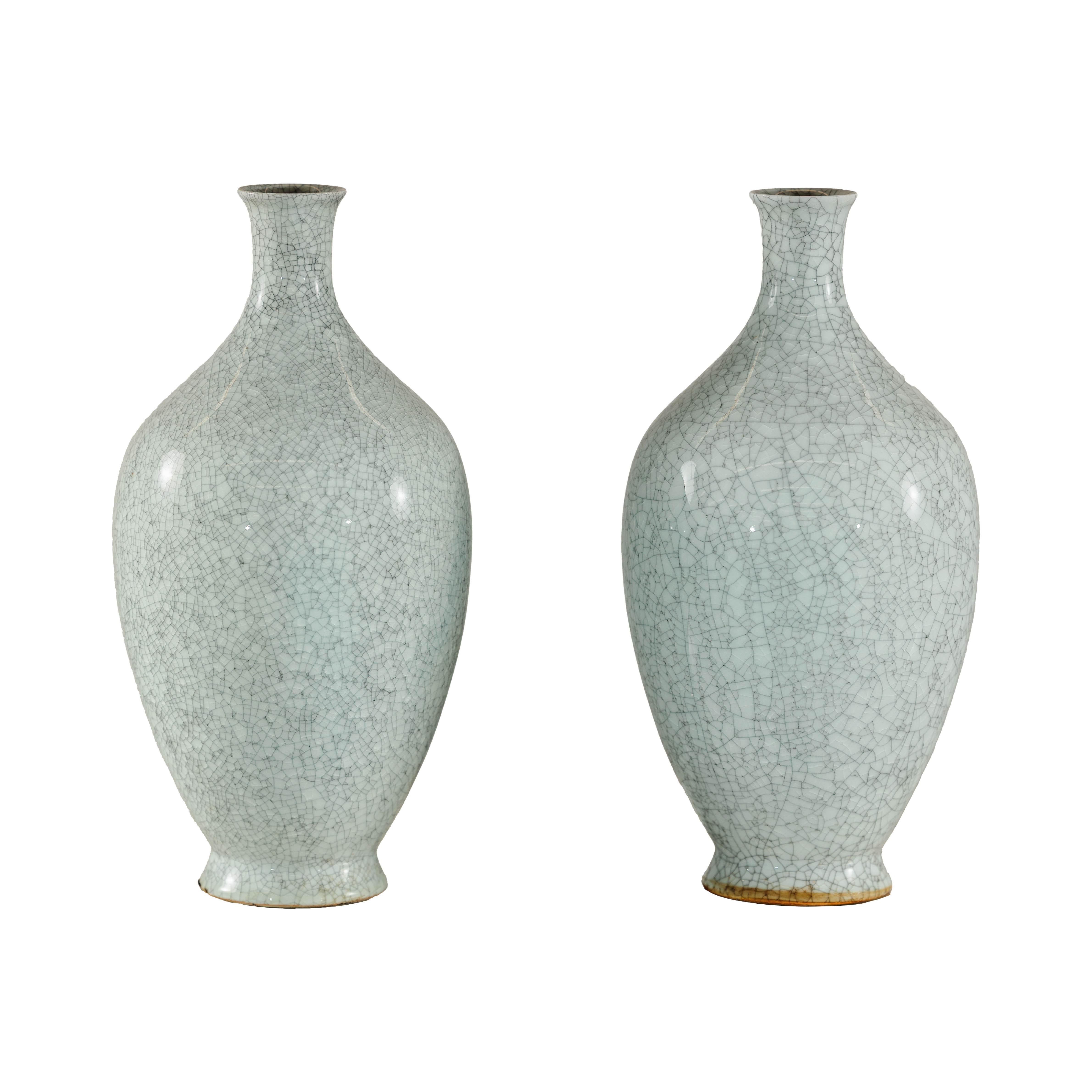 Pair of Light Grey Celadon-Glazed Porcelain Vases with Fine Crackle Pattern For Sale 13