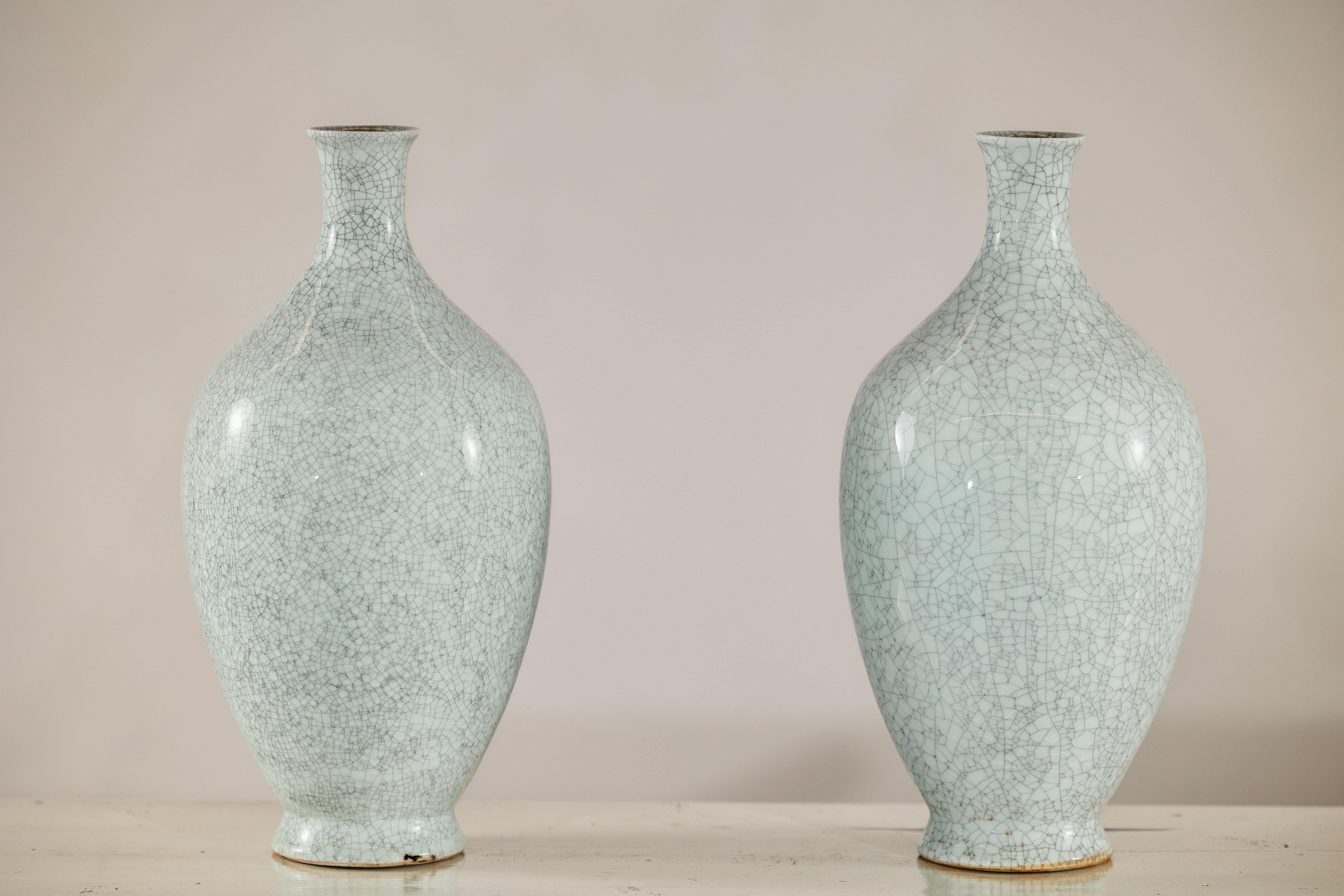 Pair of Light Grey Celadon-Glazed Porcelain Vases with Fine Crackle Pattern In Good Condition For Sale In Yonkers, NY
