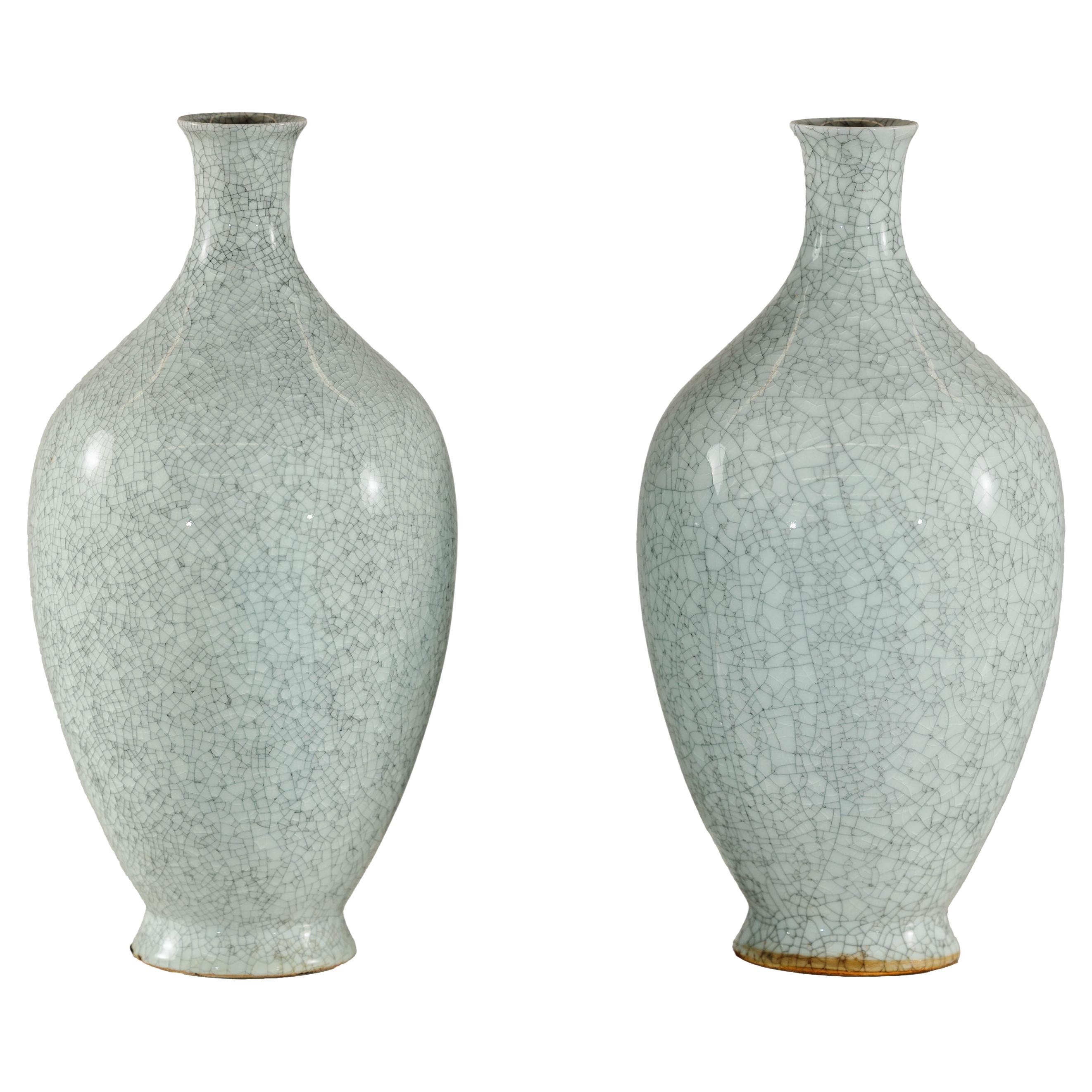 Pair of Light Grey Celadon-Glazed Porcelain Vases with Fine Crackle Pattern For Sale