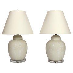Pair of Light Grey Ceramic Lamps with Floral Design