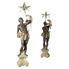 Pair of Light Holder Statues Wood, Italy, 20th Century