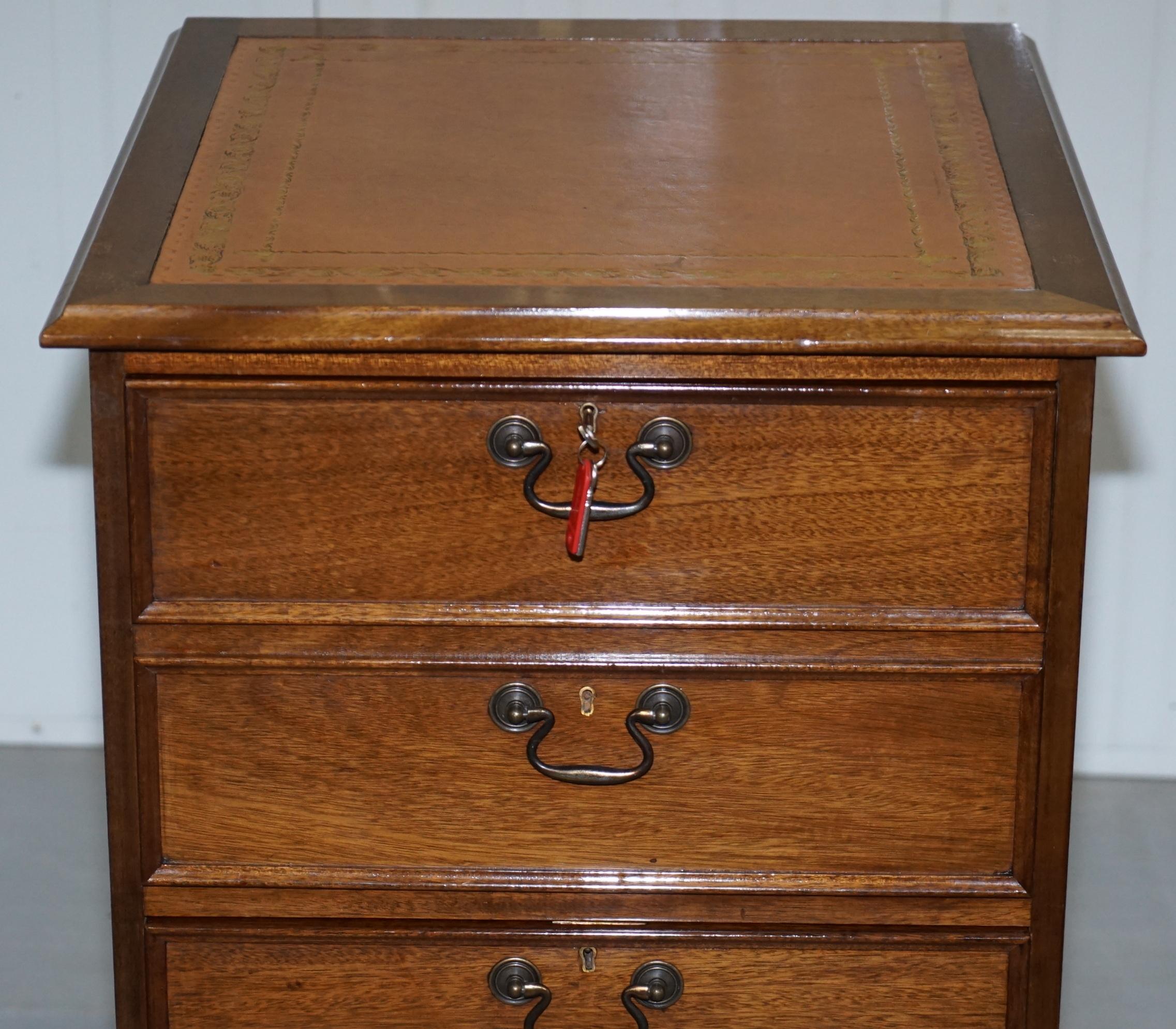 Pair of Light Mahogany Partner Filing Cabinets Brown Chesterfield Leather Tops 10