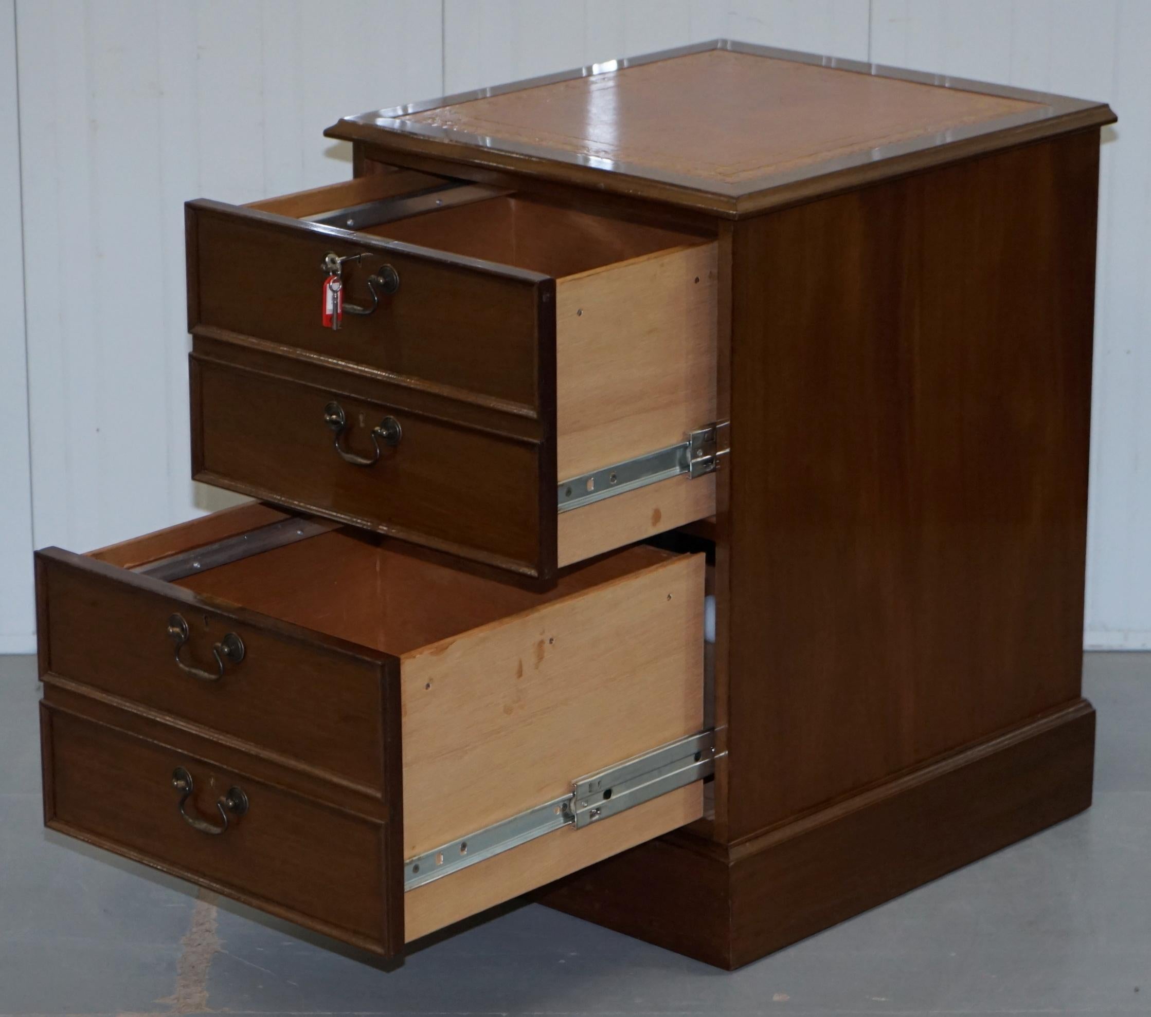 Pair of Light Mahogany Partner Filing Cabinets Brown Chesterfield Leather Tops 14