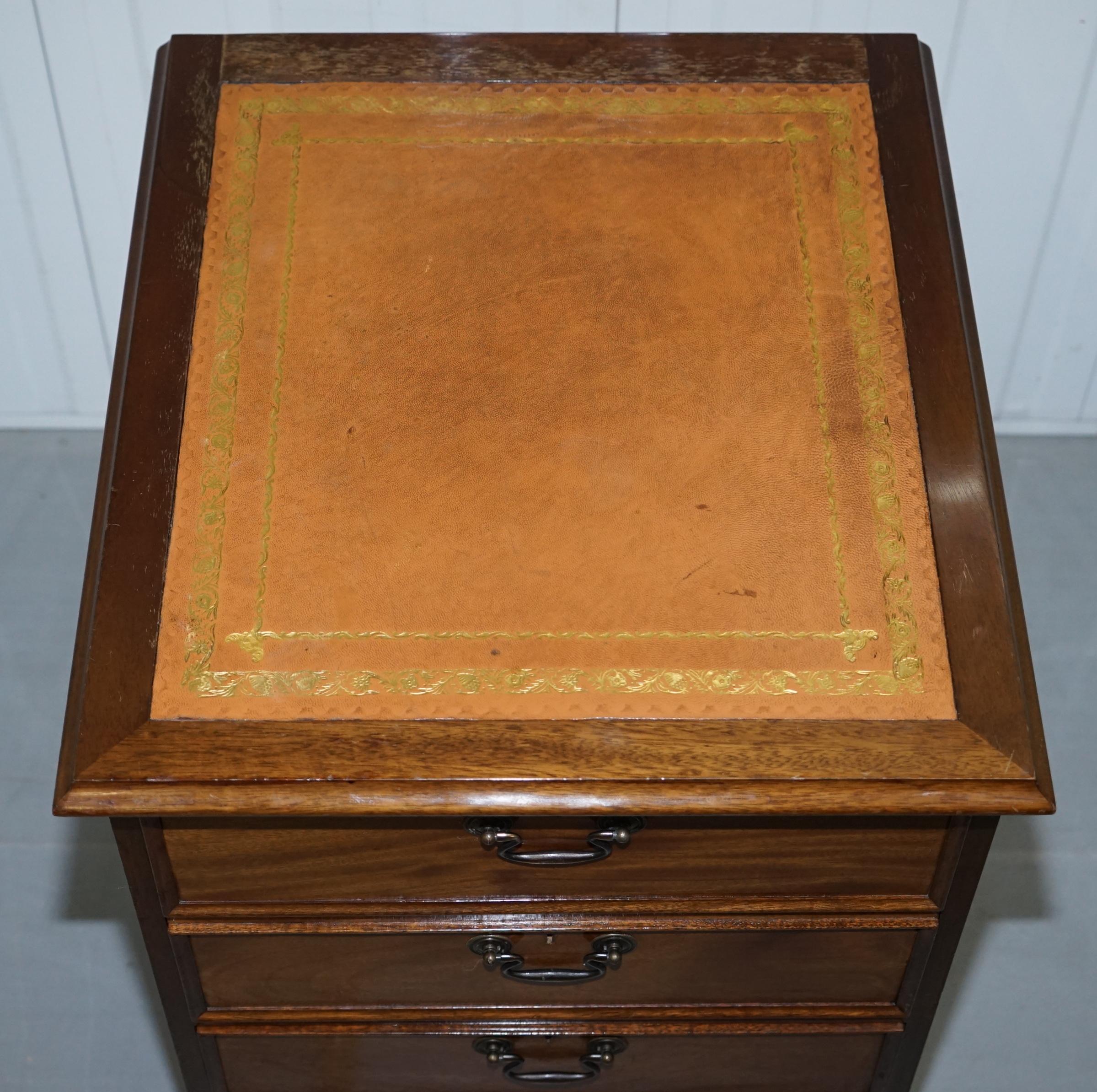 English Pair of Light Mahogany Partner Filing Cabinets Brown Chesterfield Leather Tops