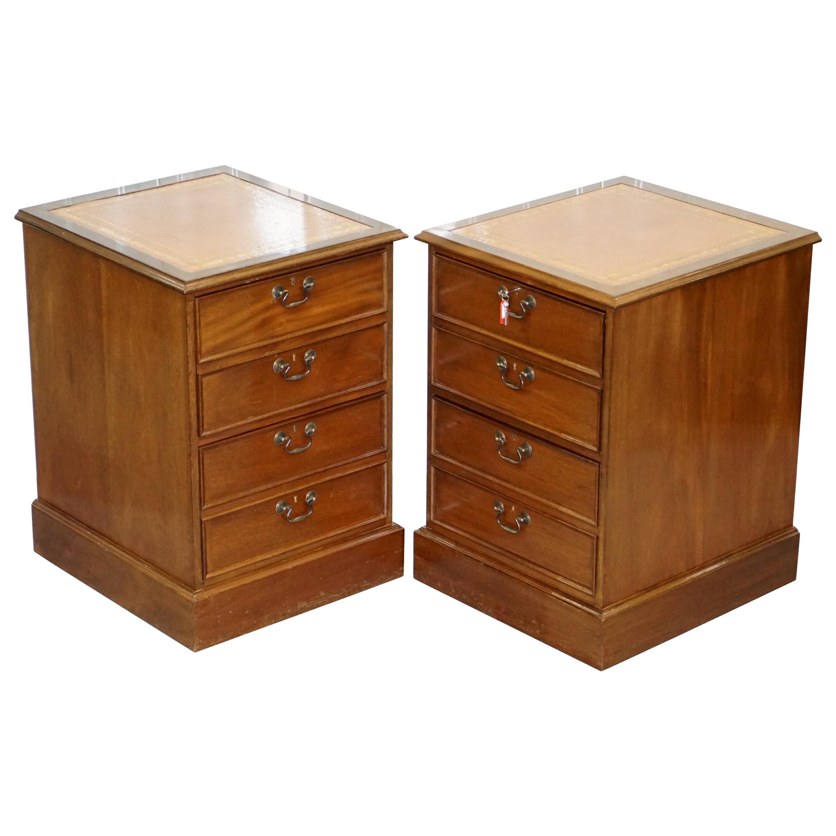 Pair of Light Mahogany Partner Filing Cabinets Brown Chesterfield Leather Tops