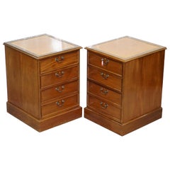 Vintage Pair of Light Mahogany Partner Filing Cabinets Brown Chesterfield Leather Tops