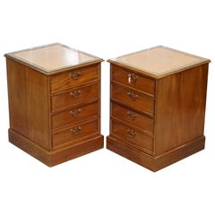 Pair of Light Mahogany Partner Filing Cabinets Brown Chesterfield Leather Tops