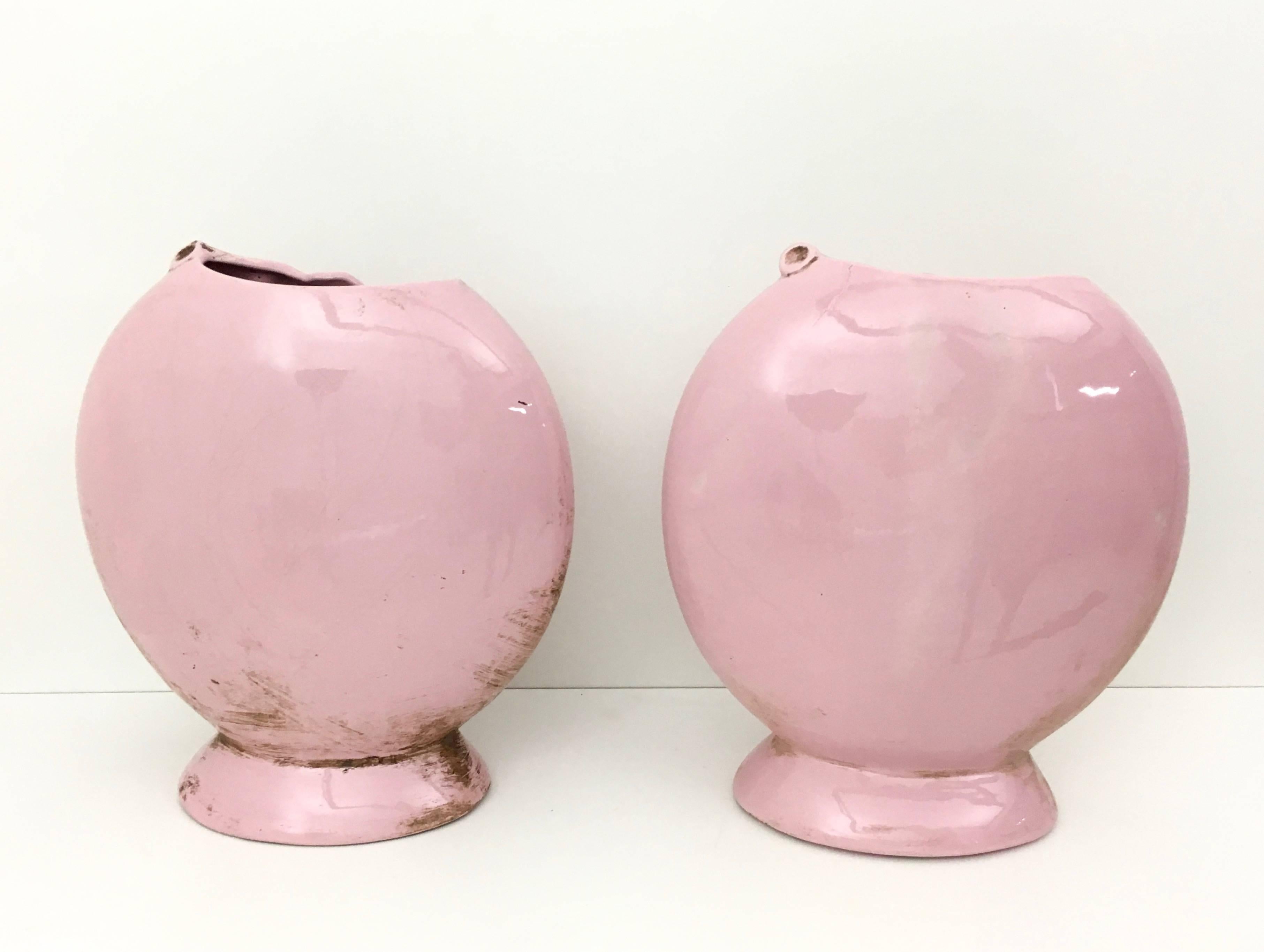 Pair of Light Pink Art Deco Polished Ceramic Flower Vases, Italy 2