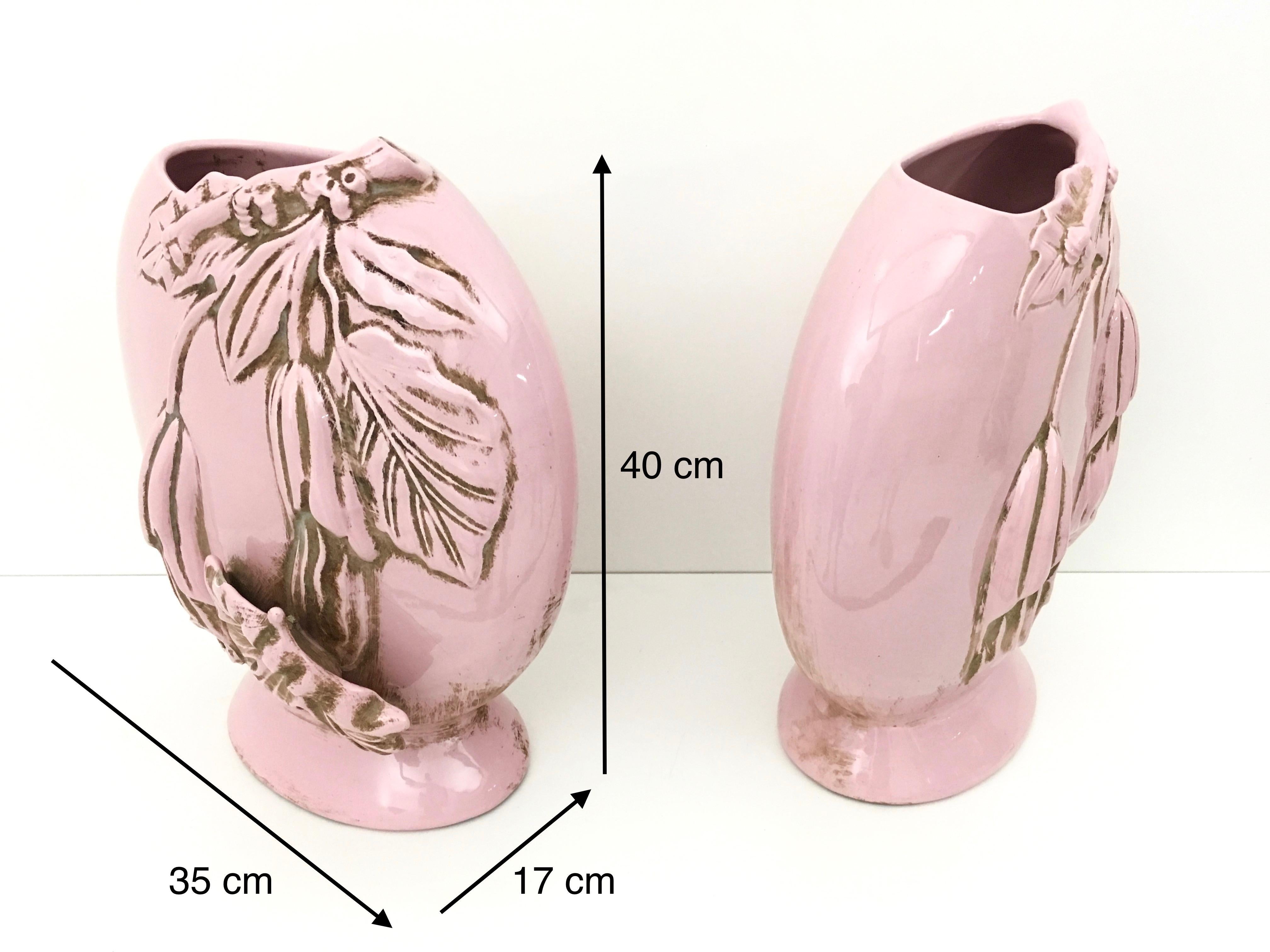 Pair of Light Pink Art Deco Polished Ceramic Flower Vases, Italy 4