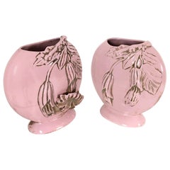 Pair of Light Pink Art Deco Polished Ceramic Flower Vases, Italy