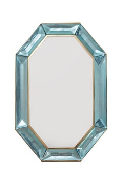 Pair of Light Turquoise Blue Octagonal Faceted Murano Glass Wall Mirror, Italy