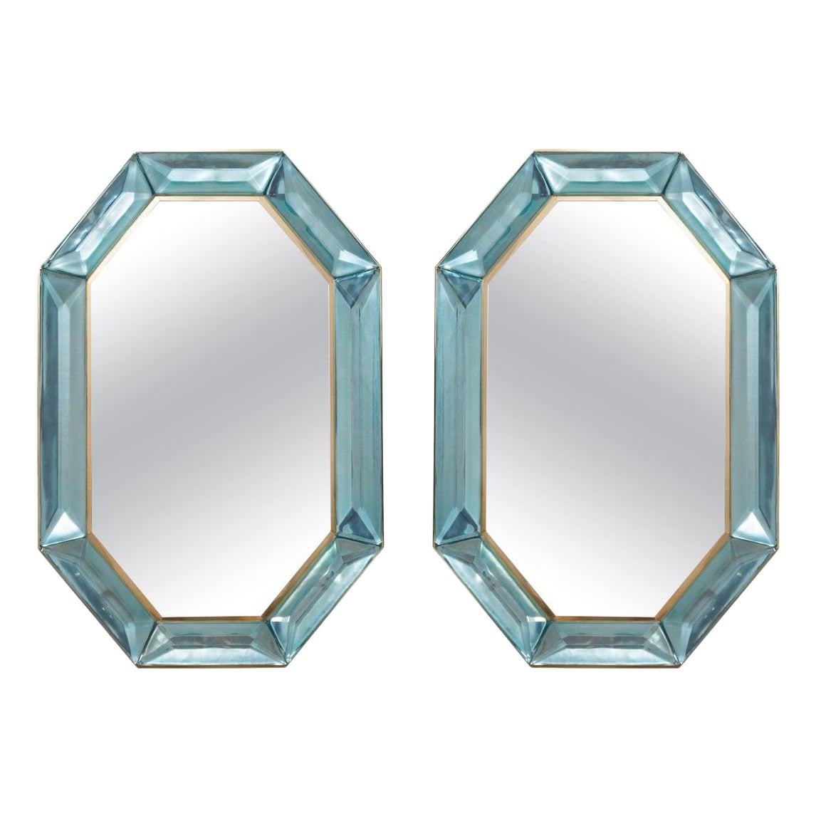 Juego de dos espejos de pared octogonales de cristal de Murano con facetas, en color azul turquesa claro, Italia