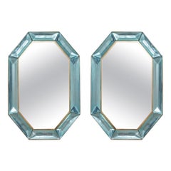 Pair of Light Turquoise Blue Octagonal Faceted Murano Glass Wall Mirror, Italy