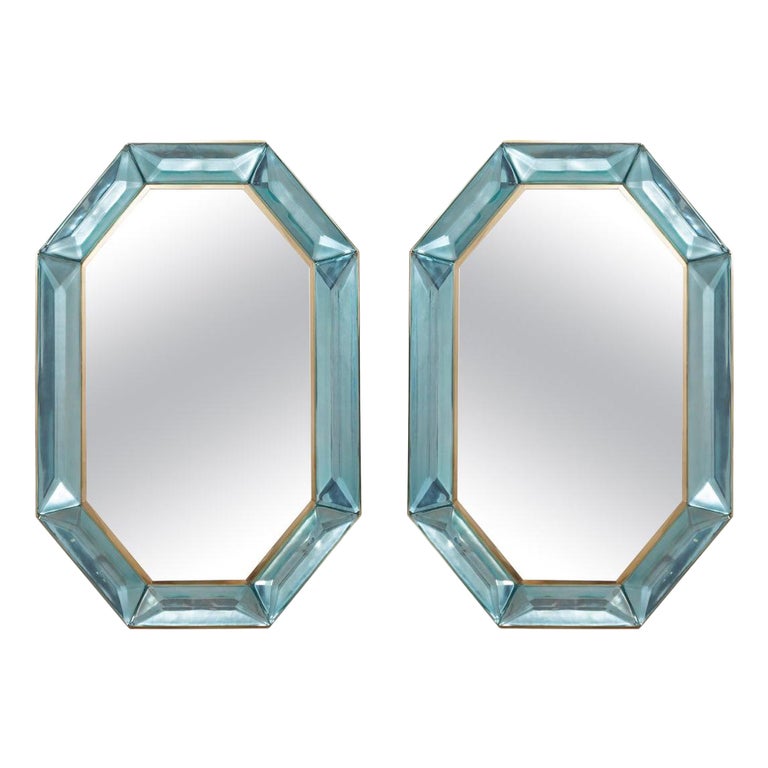 Pair of Light Turquoise Blue Octagonal Faceted Murano Glass Wall Mirror, Italy