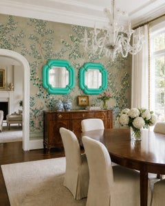 Pair of Light Turquoise Murano Glass And Brass Square Scalloped Mirrors, Italy
