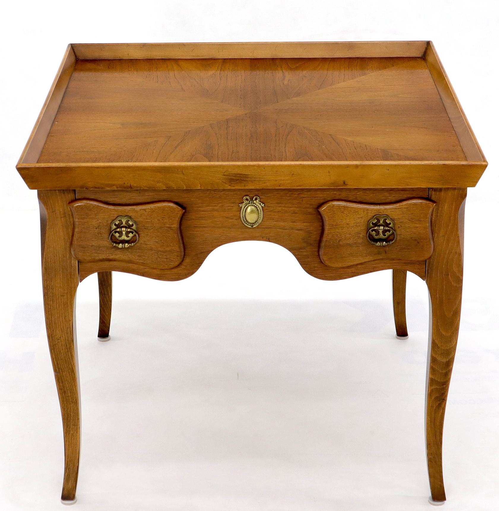 Pair of very fine square tops one drawer book matched end side tables by Baker.