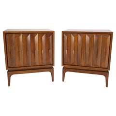 Pair of Light Walnut Carved Dimond Front Doors Bracket Leg Night Stands Mint