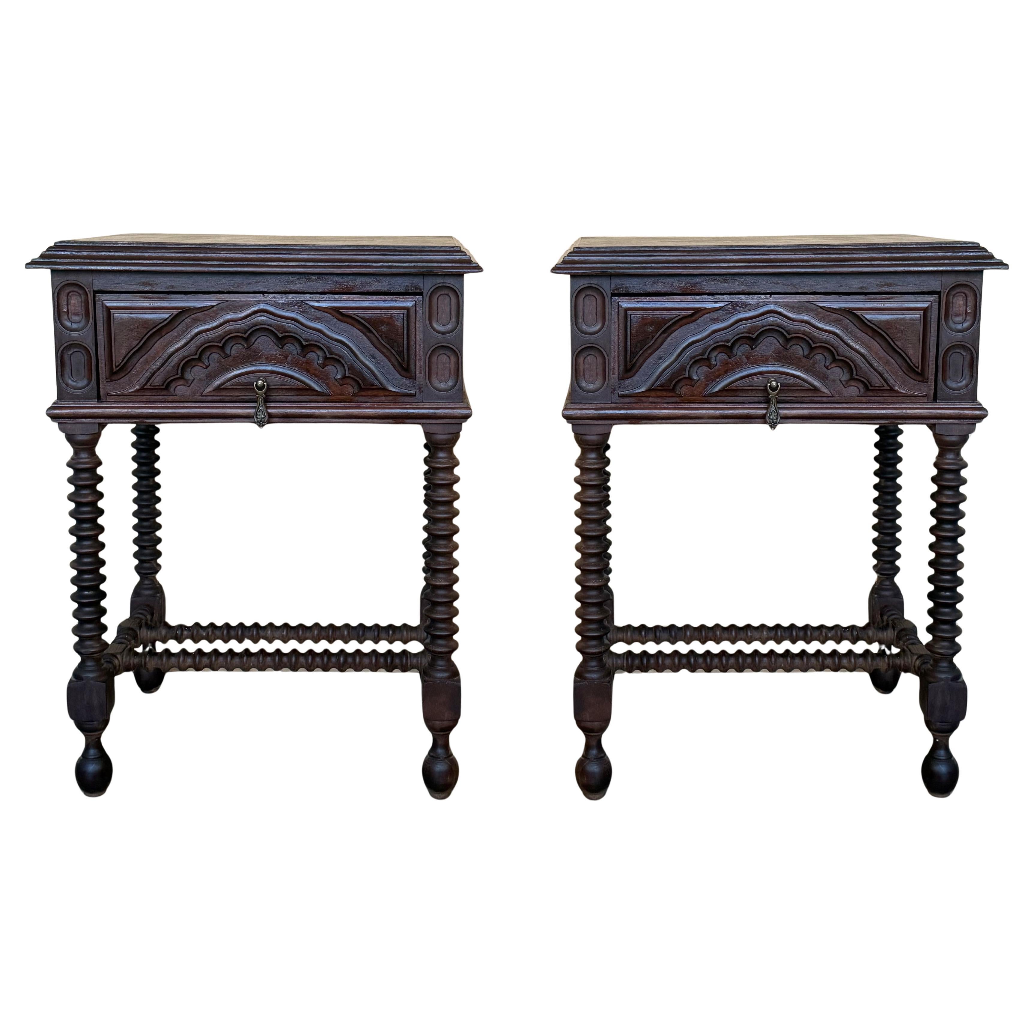 Pair of Light Walnut Carved Spanish Nightstands with Lentil Legs and drawer