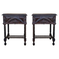 Pair of Light Walnut Carved Spanish Nightstands with Lentil Legs and drawer