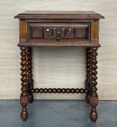 Pair of Light Walnut Carved Spanish Nightstands with Solomonic Legs and drawer