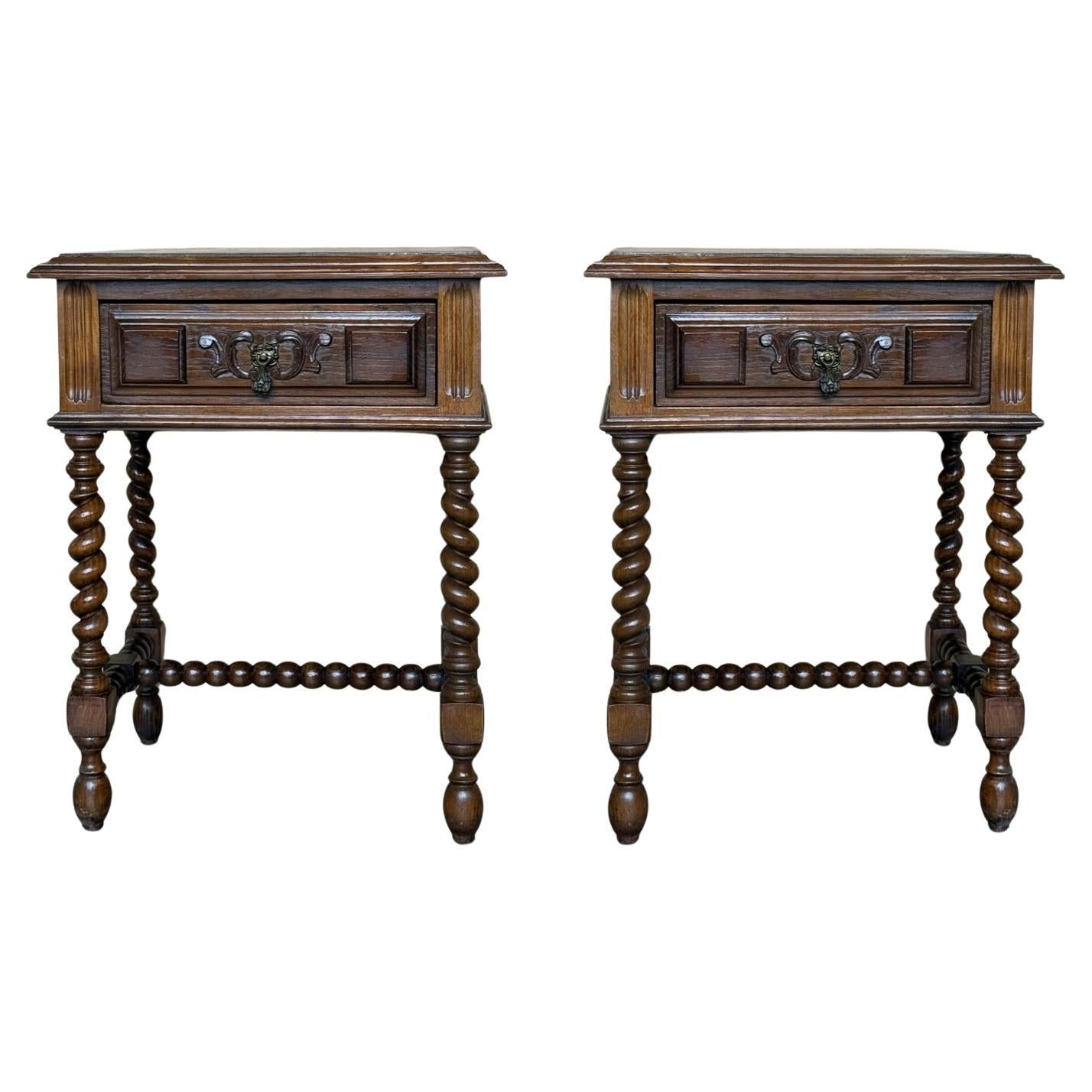 Pair of Light Walnut Carved Spanish Nightstands with Solomonic Legs and drawer