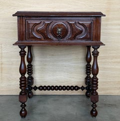 Pair of Light Walnut Carved Spanish Nightstands with Turned Legs and drawer