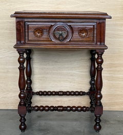 Pair of Light Walnut Carved Spanish Nightstands with Turned Legs and drawer