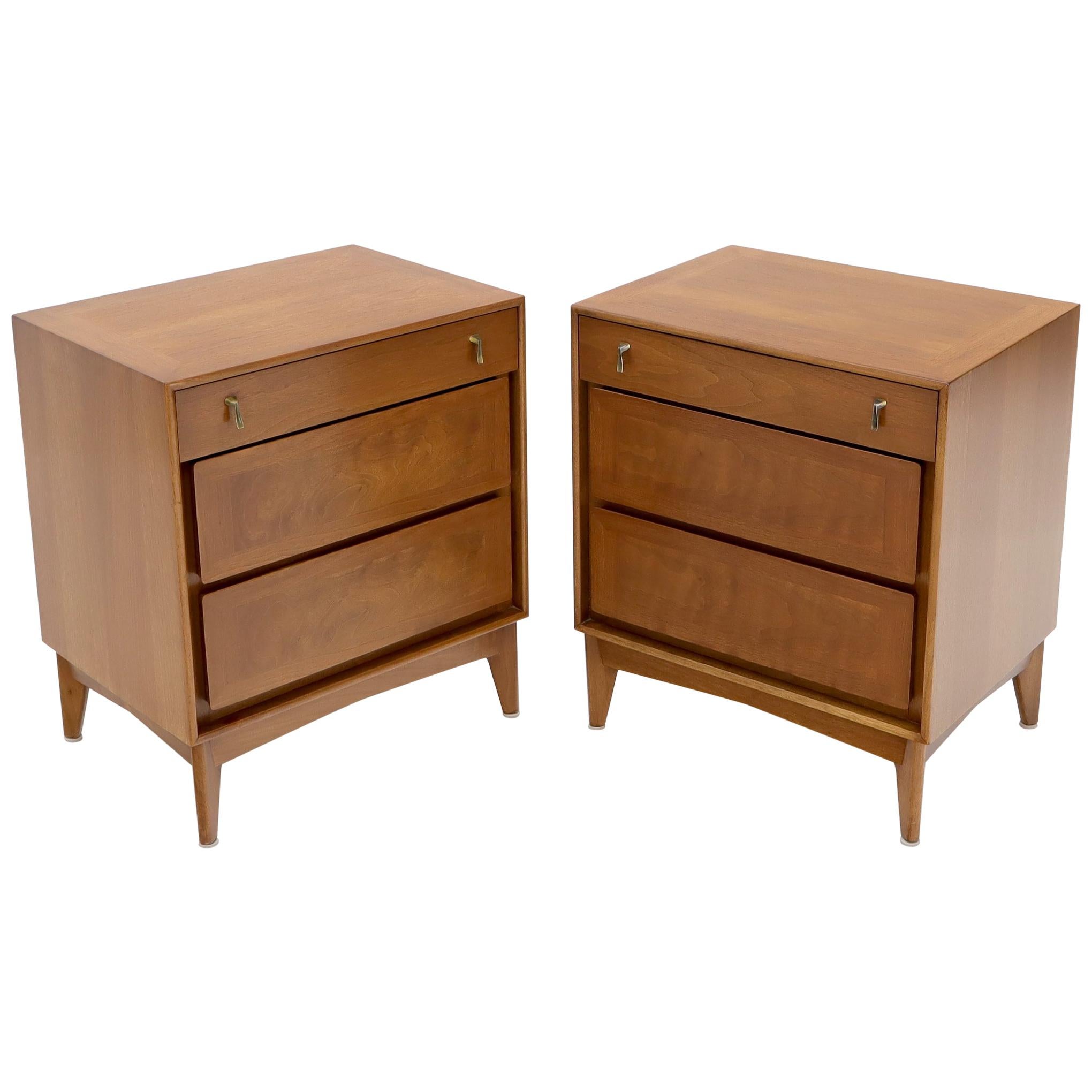 Pair of Light Walnut Mid-Century Modern Three-Drawer End Side Bed Tables