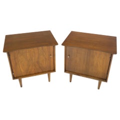 Pair of Light Walnut One Door Nightstands End Side Tables Tapered Legs Mint