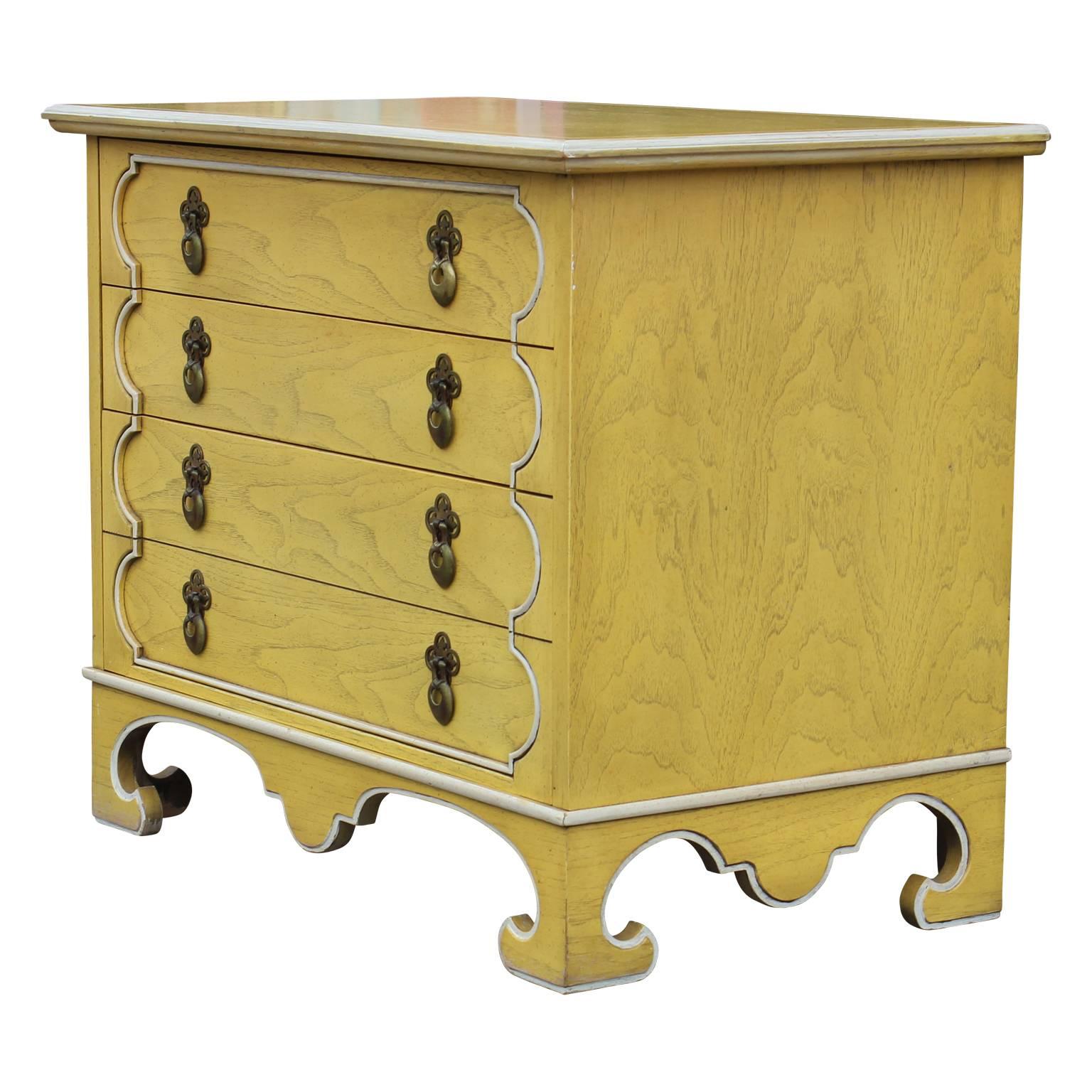 Lovely pair of bachelors chest or nightstands by Tomlinson in a nice yellow with white trim and brass hardware. 